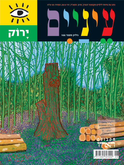 עטיפת מגזין צבעונית עם גזע עץ וקליפות ביער.