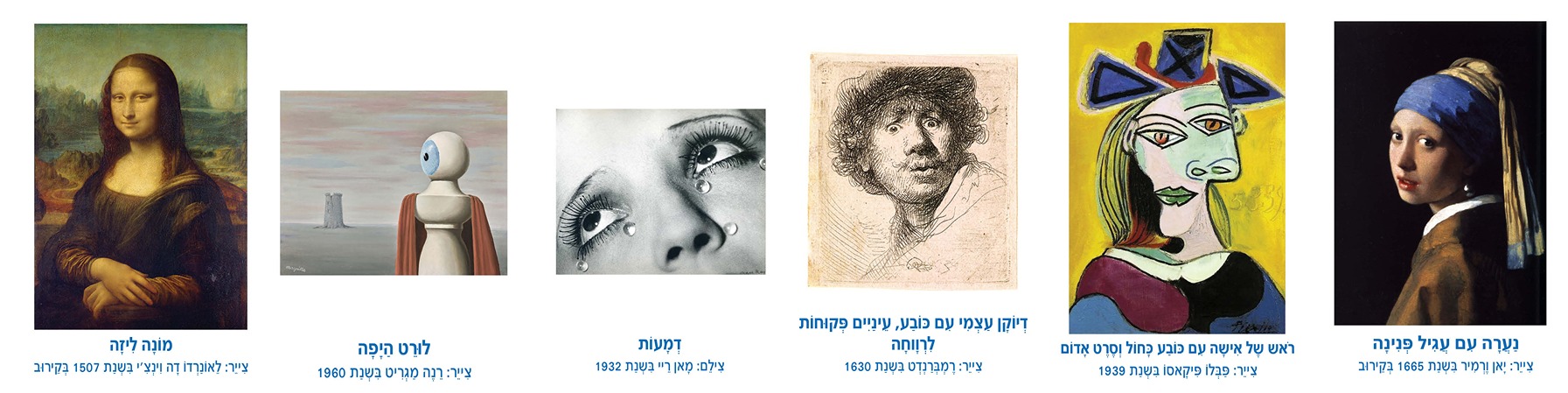 קולאז' של יצירות אמנות מפורסמות כולל את המונה ליזה, ציור סוריאליסטי, והנערה עם עגיל הפנינה.